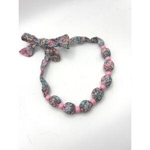 Floral Fabric Bead Necklace Pink Accent Bow Tie Cottagecore Style‎